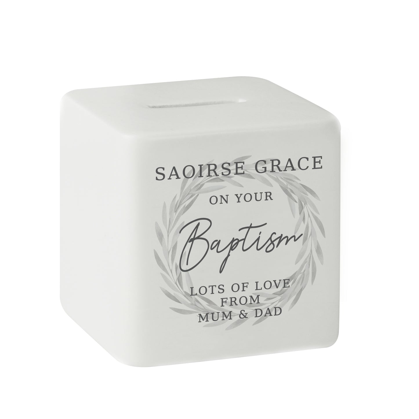 Personalised Wreath Ceramic Square Money Box
