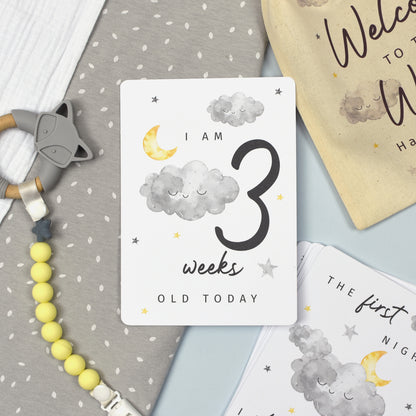 Personalised Cloud Baby Milestone Cards In Drawstring Bag