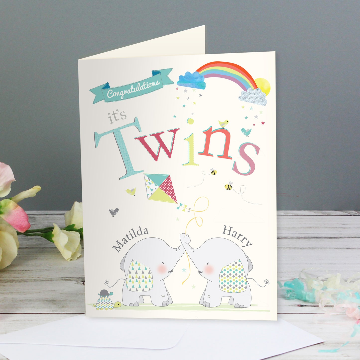 Personalised Hessian Elephant Twins Card