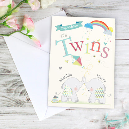 Personalised Hessian Elephant Twins Card