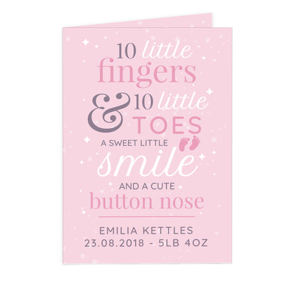 Personalised '10 Little Fingers' Pink Baby Card