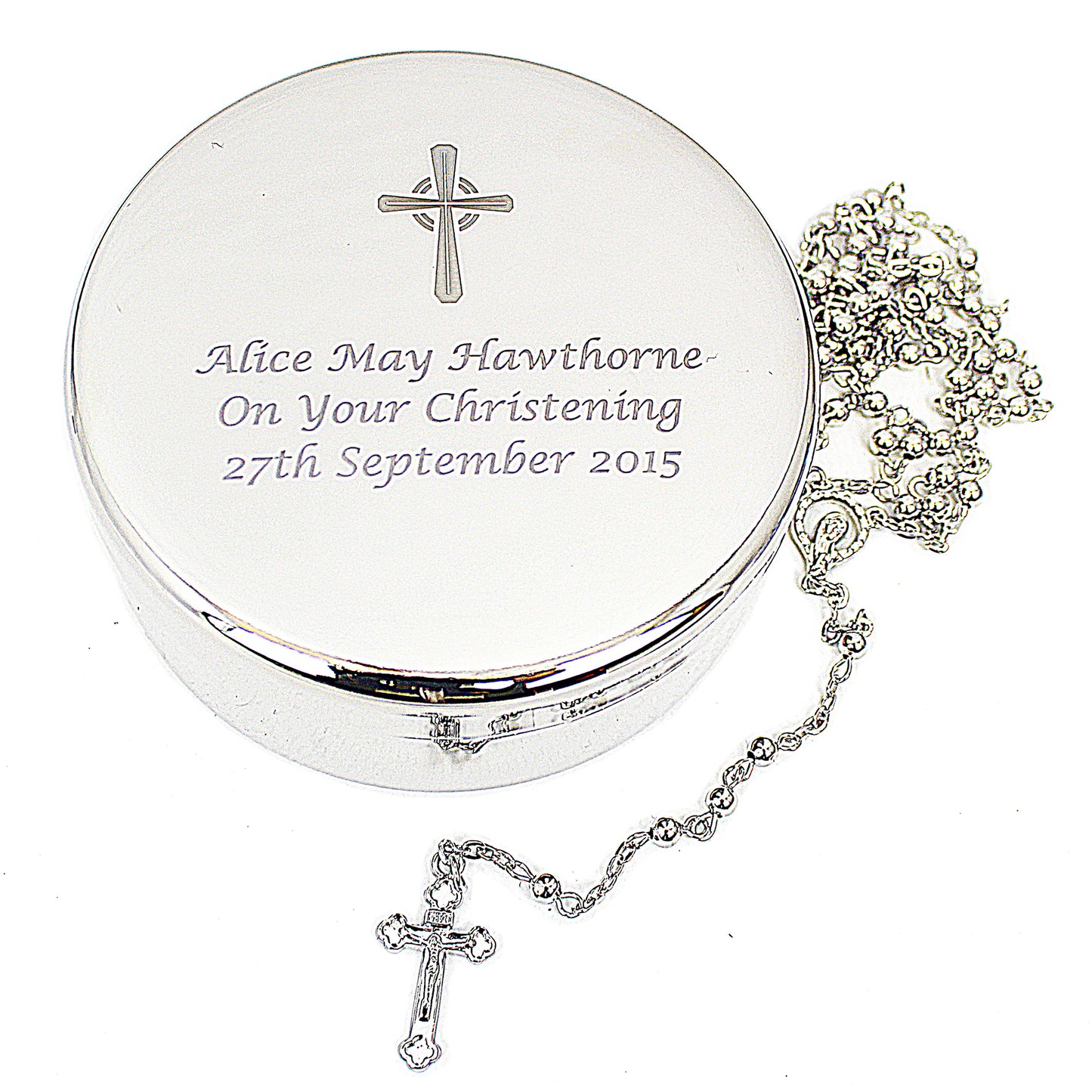 Personalised Rosary Beads and Cross Round Trinket Box