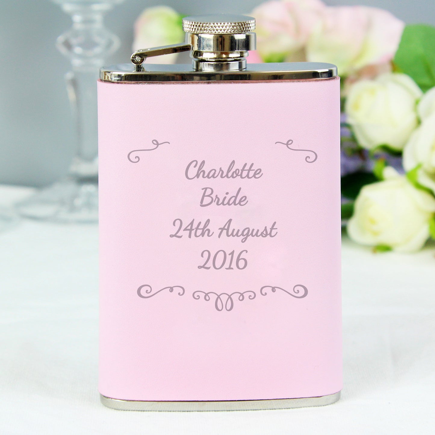 Personalised Ornate Pink Hip Flask