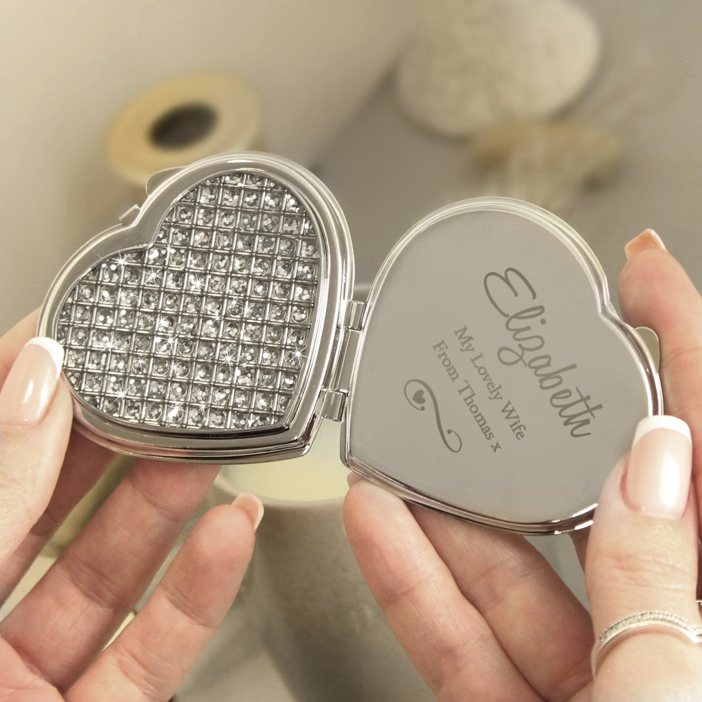 Personalised Swirls & Hearts Diamante Heart Compact Mirror