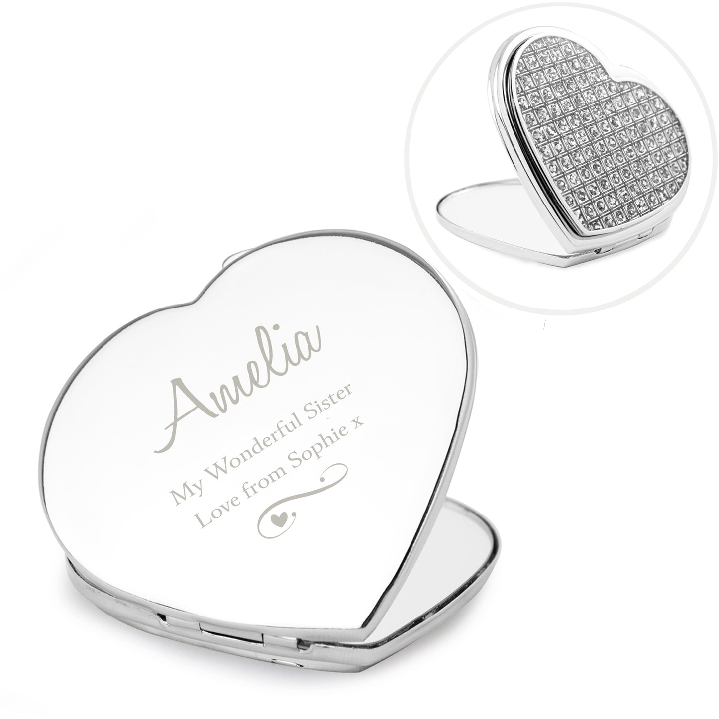 Personalised Swirls & Hearts Diamante Heart Compact Mirror