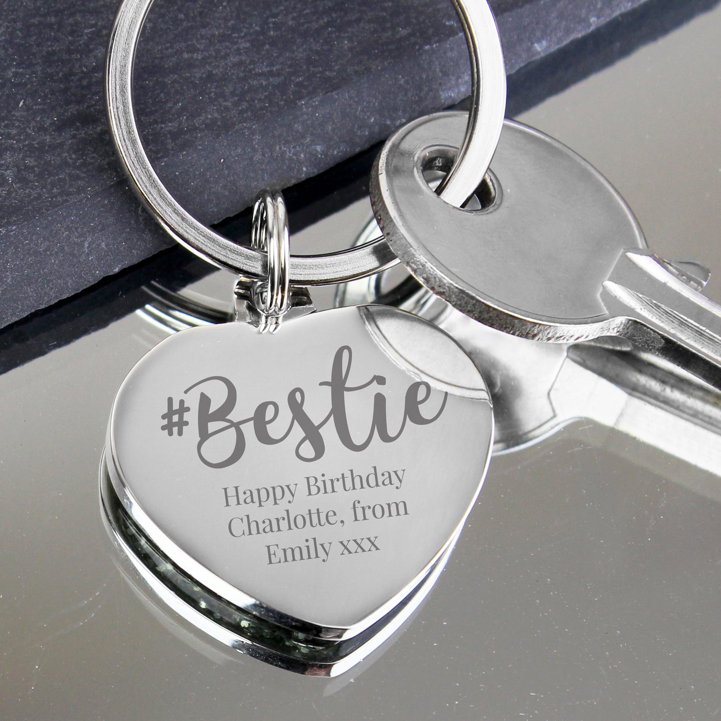 Personalised #Bestie Diamante Heart Keyring