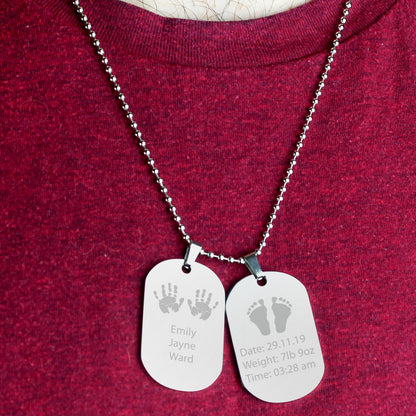 Personalised Hands and Feet New Baby Stainless Steel Double Dog Tag Necklace