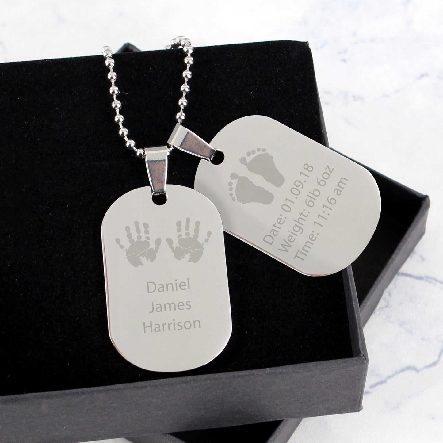 Personalised Hands and Feet New Baby Stainless Steel Double Dog Tag Necklace