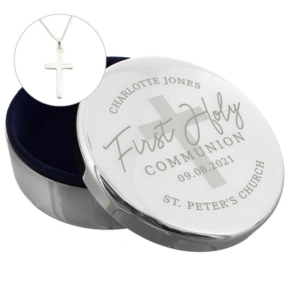 Personalised First Holy Communion Round Trinket Box & Cross Necklace Set