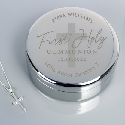 Personalised First Holy Communion Round Trinket Box & Cross Necklace Set