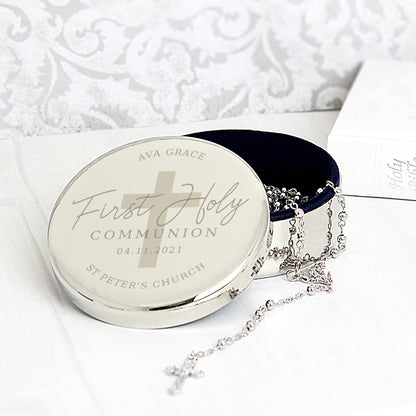 Personalised First Holy Communion Round Trinket Box & Rosary Beads Set