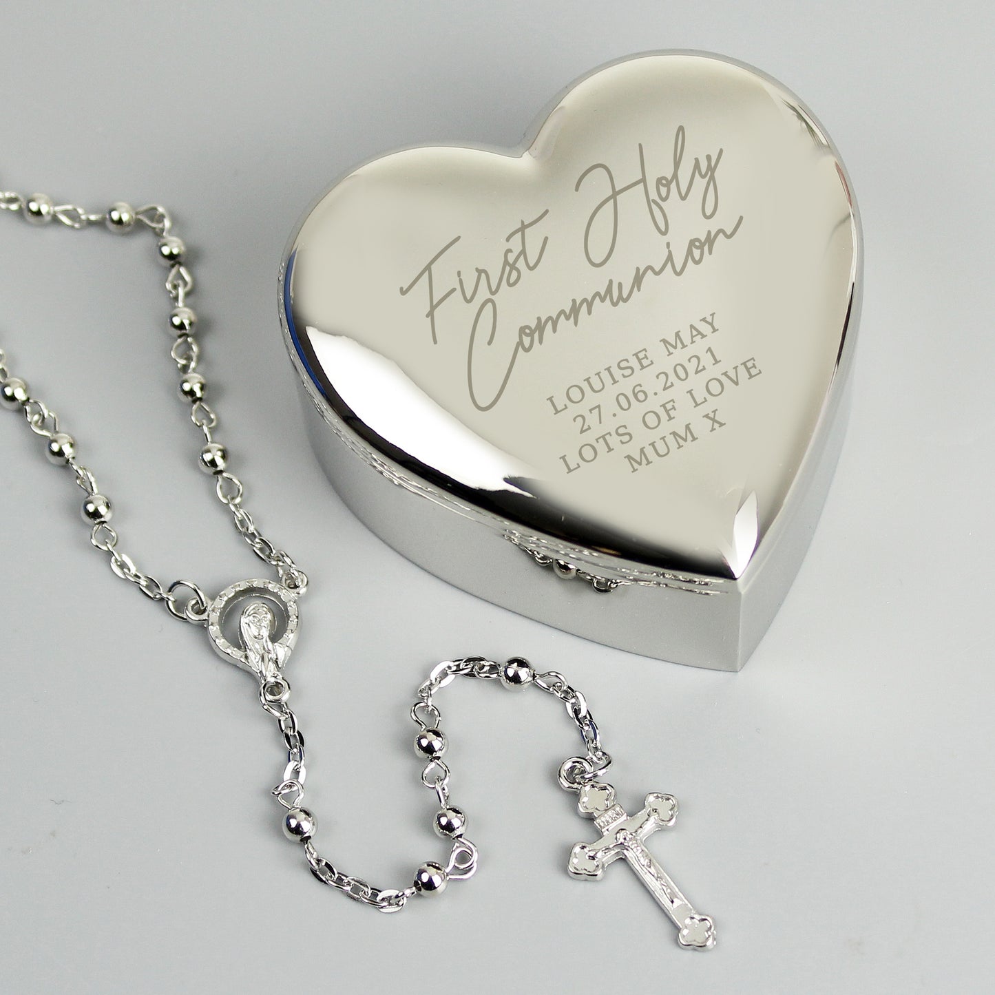 Personalised First Holy Communion Rosary Beads and Cross Heart Trinket Box