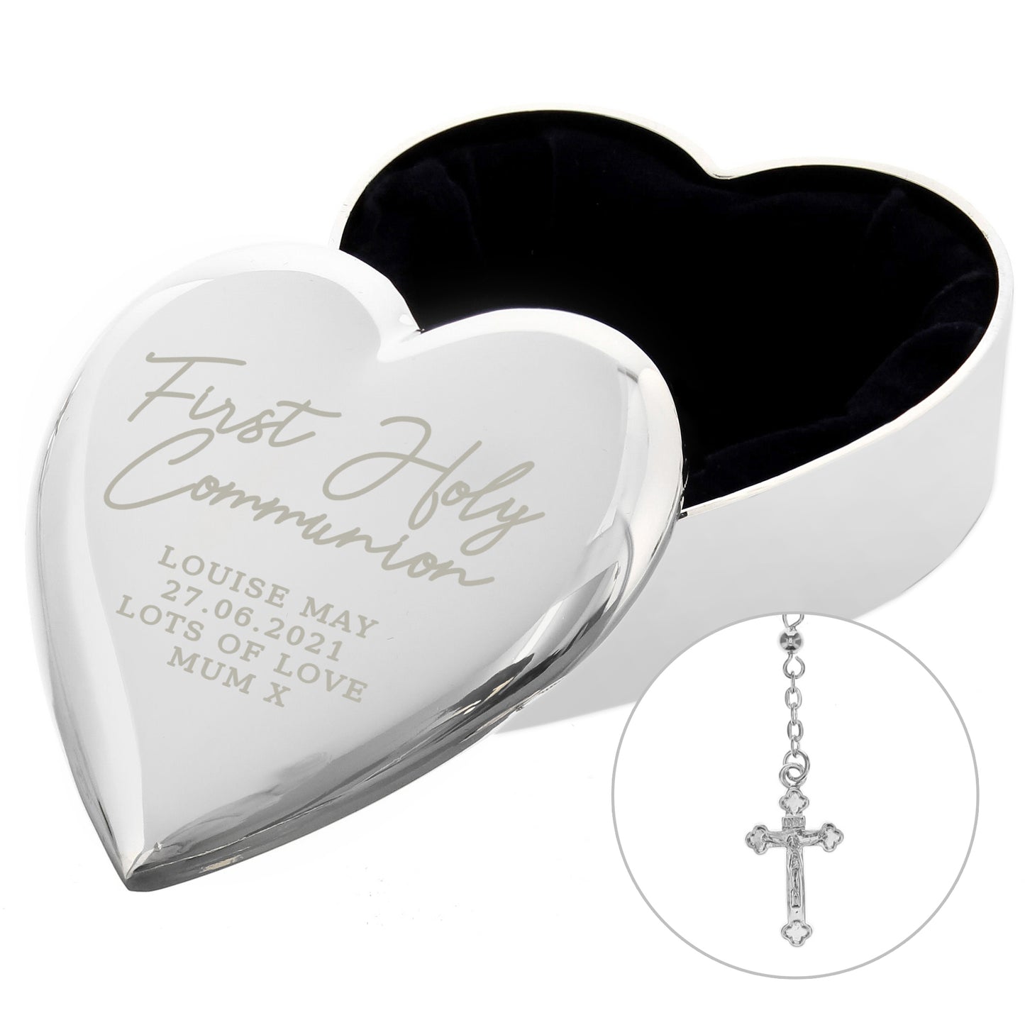 Personalised First Holy Communion Rosary Beads and Cross Heart Trinket Box