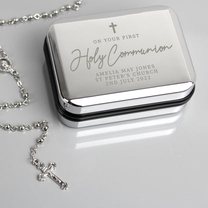 Personalised First Holy Communion Rosary Beads and Cross Trinket Box