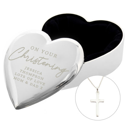 Personalised Christening Heart Trinket Box & Cross Necklace Set