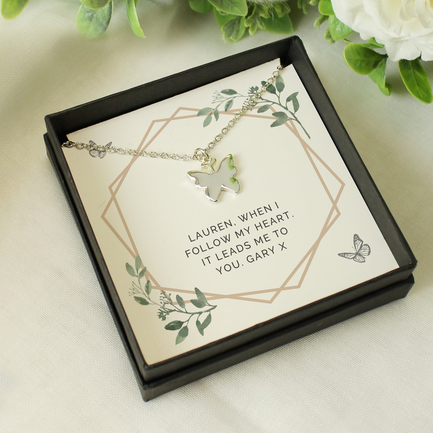 Personalised Botanical Sentiment Butterfly  Necklace and Box