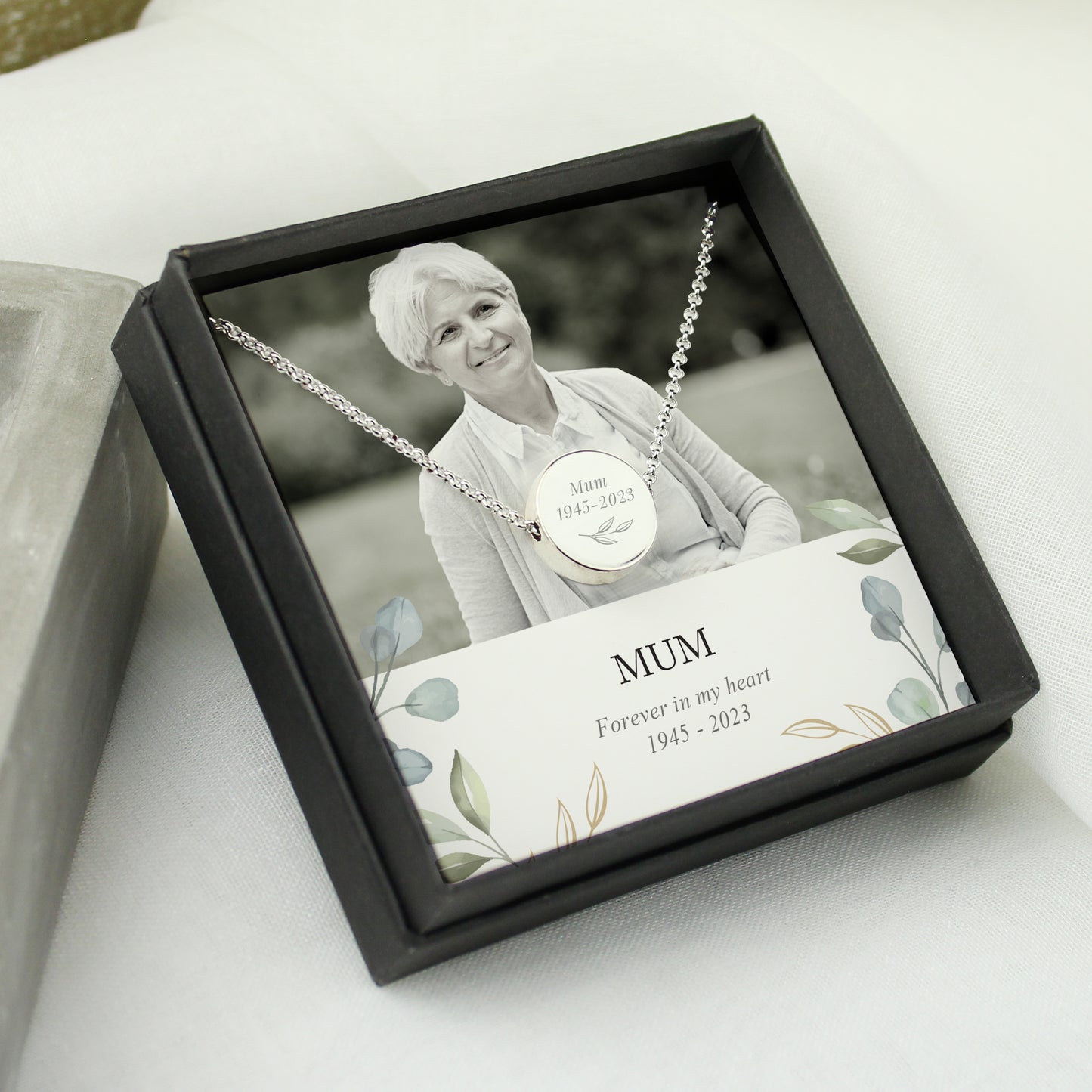 Personalised Botanical Memorial Photo Upload Necklace and Box