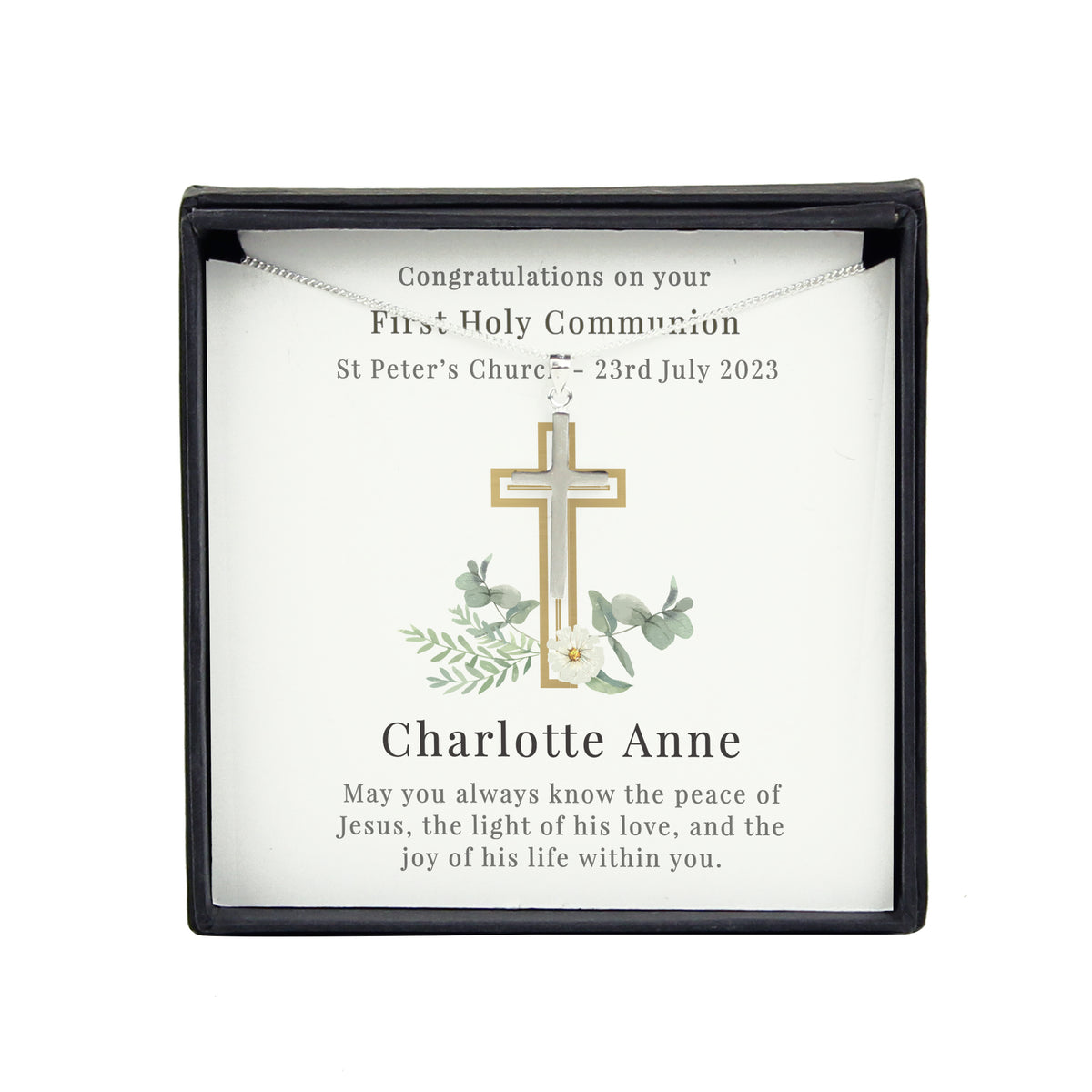 Personalised Floral Religious Sentiment Cross Necklace and Box
