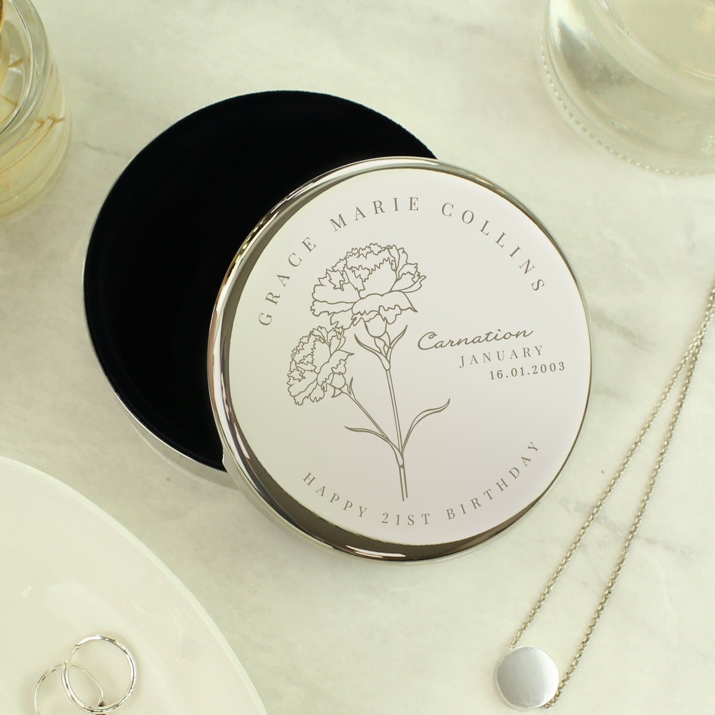 Personalised January Birth Flower Round Trinket Box