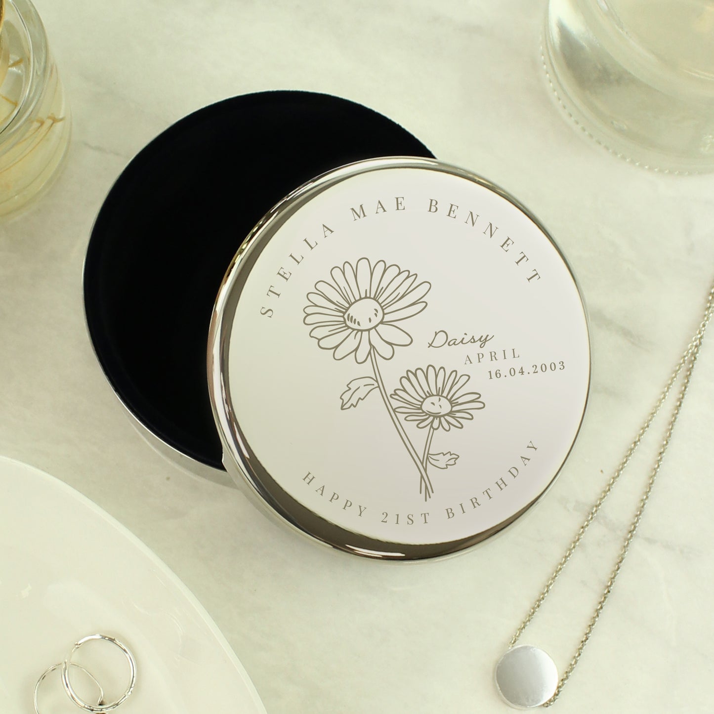 Personalised April Birth Flower Round Trinket Box