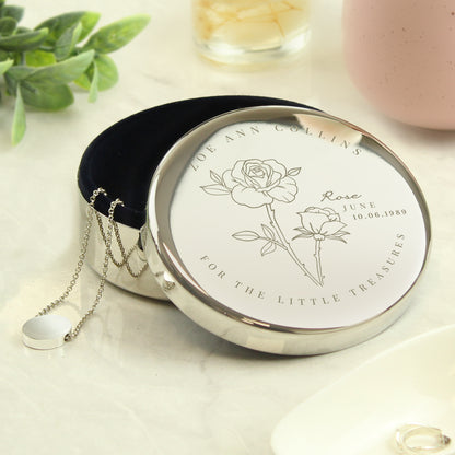 Personalised June Birth Flower Round Trinket Box