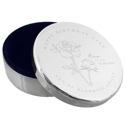 Personalised June Birth Flower Round Trinket Box