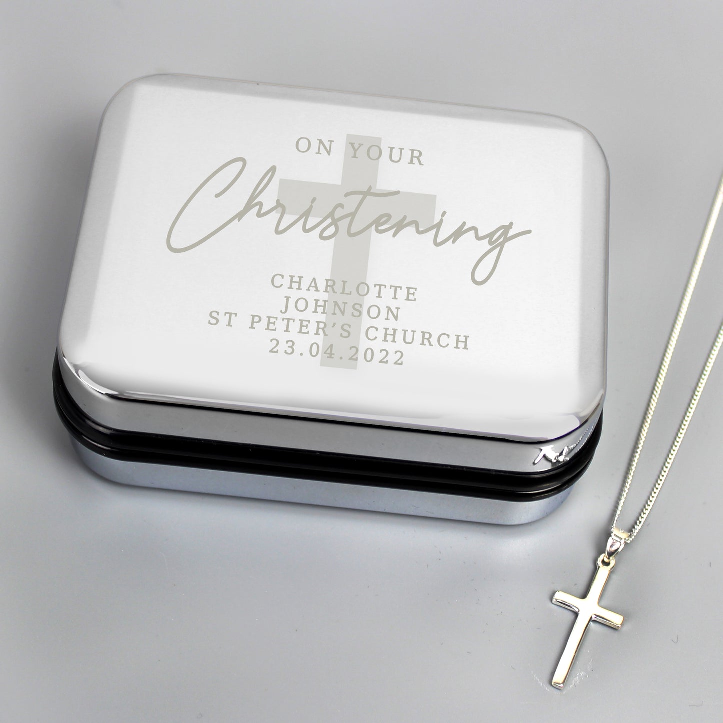 Personalised Christening Trinket Box & Cross Necklace Set