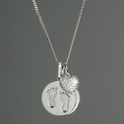 Personalised Sterling Silver Footprints and Cubic Zirconia Heart Necklace