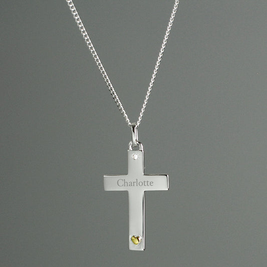 Personalised Sterling Silver Cross with 9ct Gold Heart & CZ Necklace