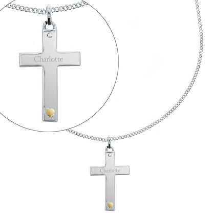 Personalised Sterling Silver Cross with 9ct Gold Heart & CZ Necklace