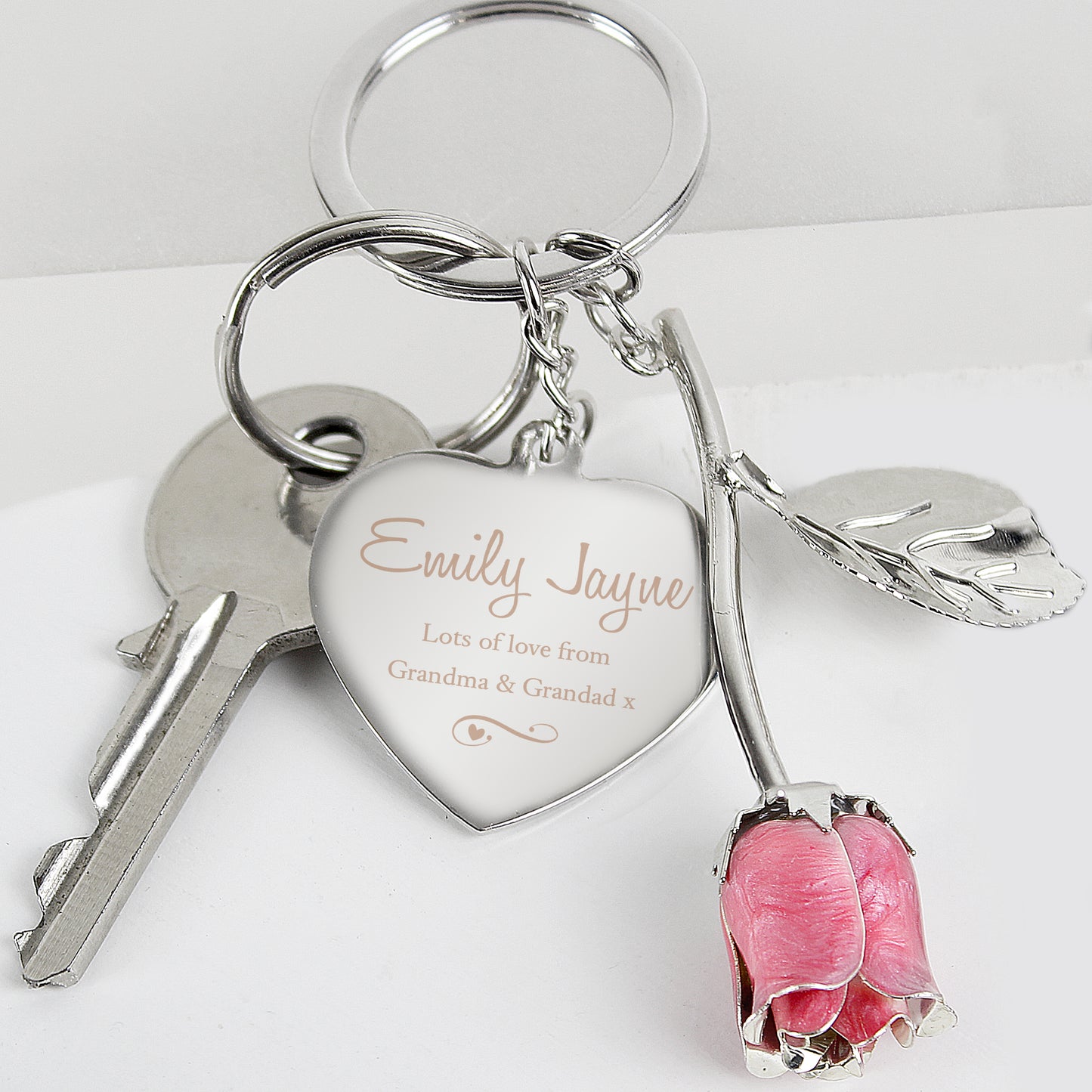 Personalised Silver Plated Swirls & Hearts Pink Rose Keyring