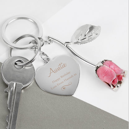 Personalised Silver Plated Swirls & Hearts Pink Rose Keyring