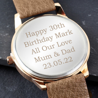 Personalised Mens Rose Gold Tone Watch with Brown Strap and Presentation Box