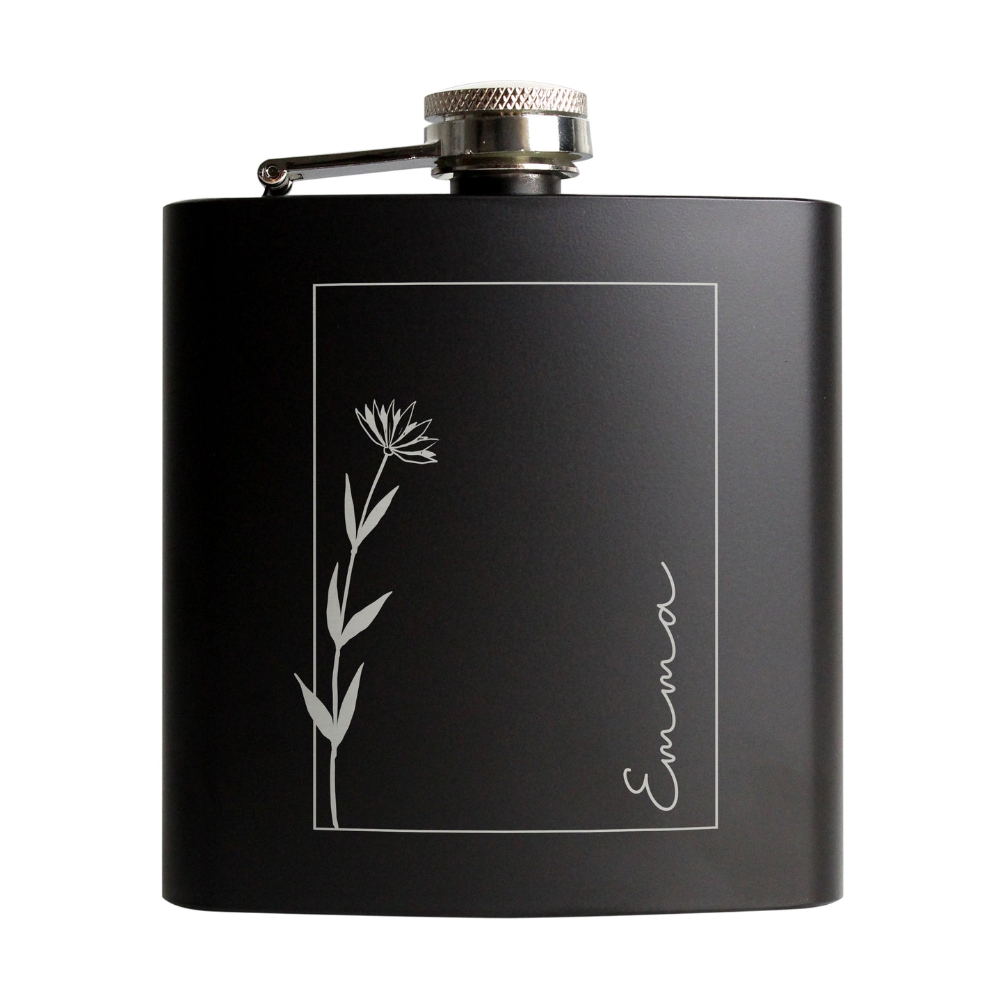 Personalised Monochrome Floral Name Black Hip Flask