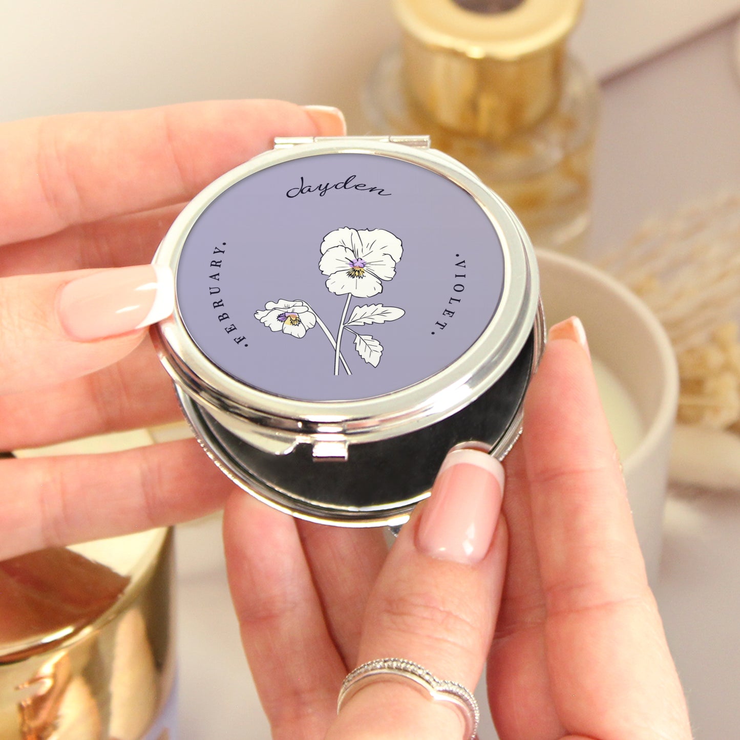 Personalised Birth Flower Round Compact Mirror