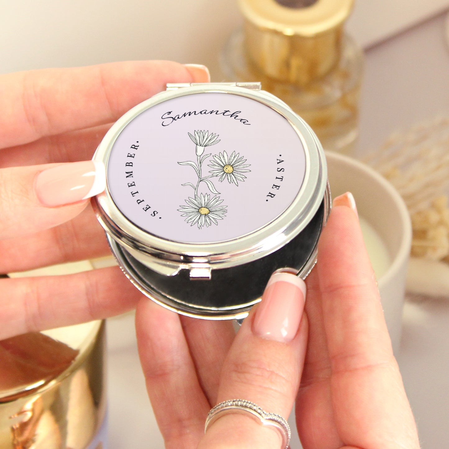 Personalised Birth Flower Round Compact Mirror