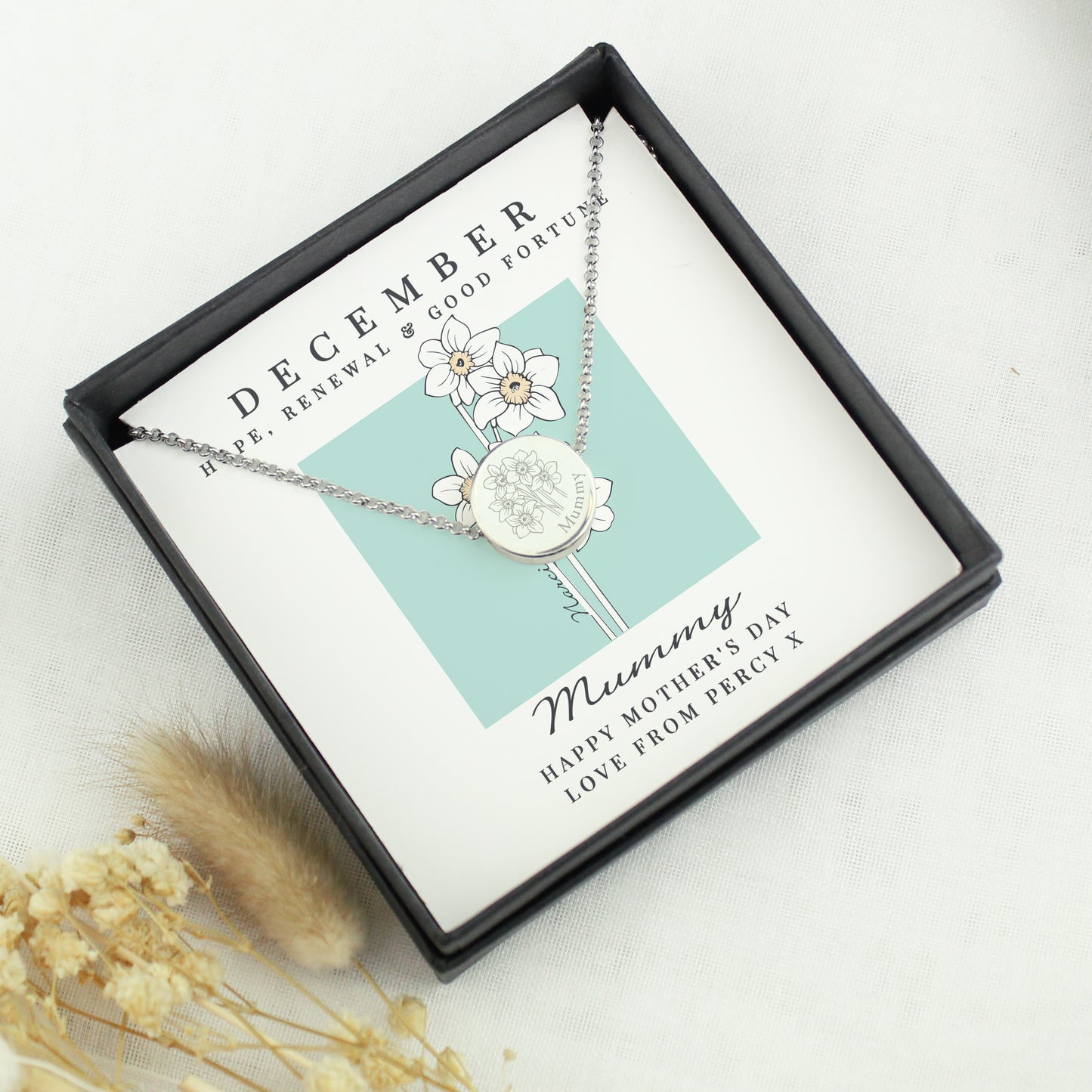 Personalised December Birth Flower Necklace and Box