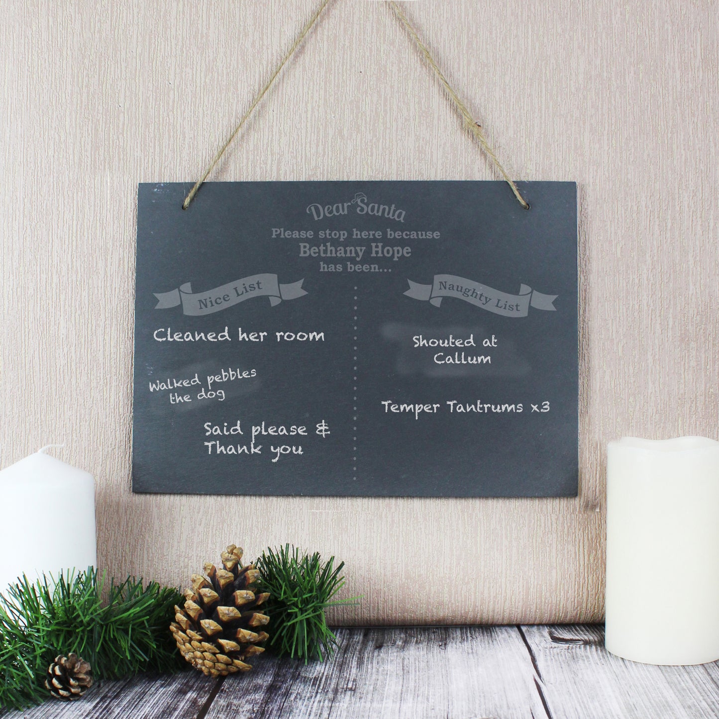 Personalised Christmas Naughty & Nice Hanging Large Slate Sign