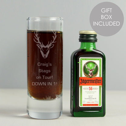 Personalised Stag Shot Glass and Miniature Jagermeister