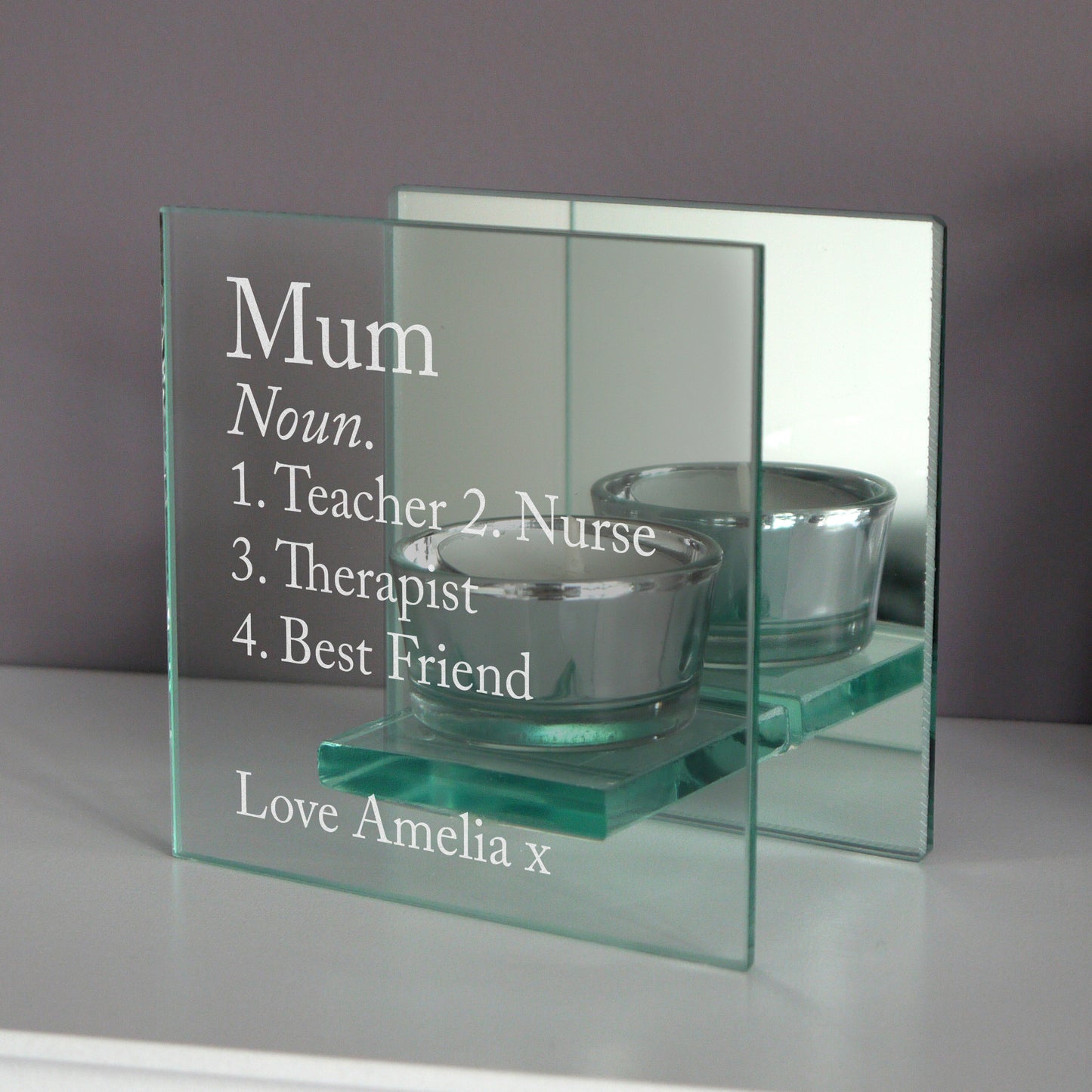 Personalised Definition Mirrored Glass Tea Light Candle Holder