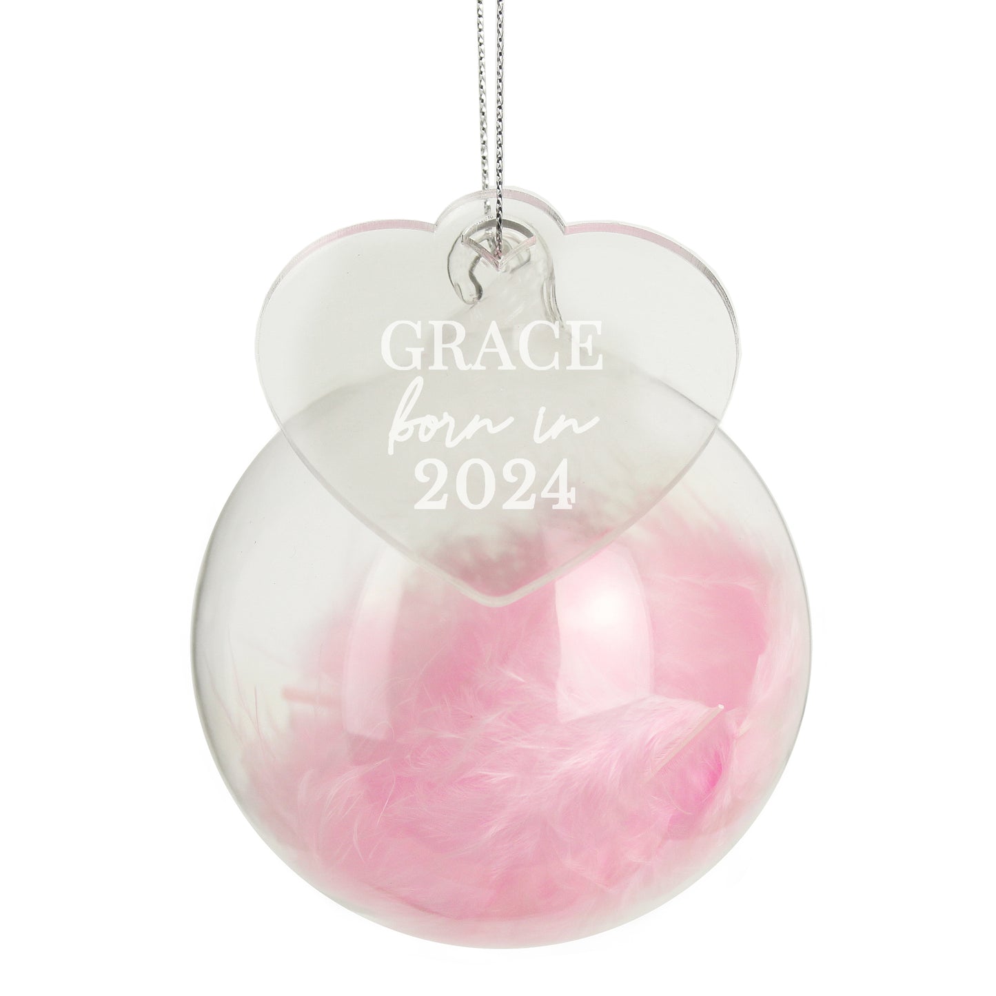 Personalised Born In Pink Feather Glass Bauble With Heart Tag