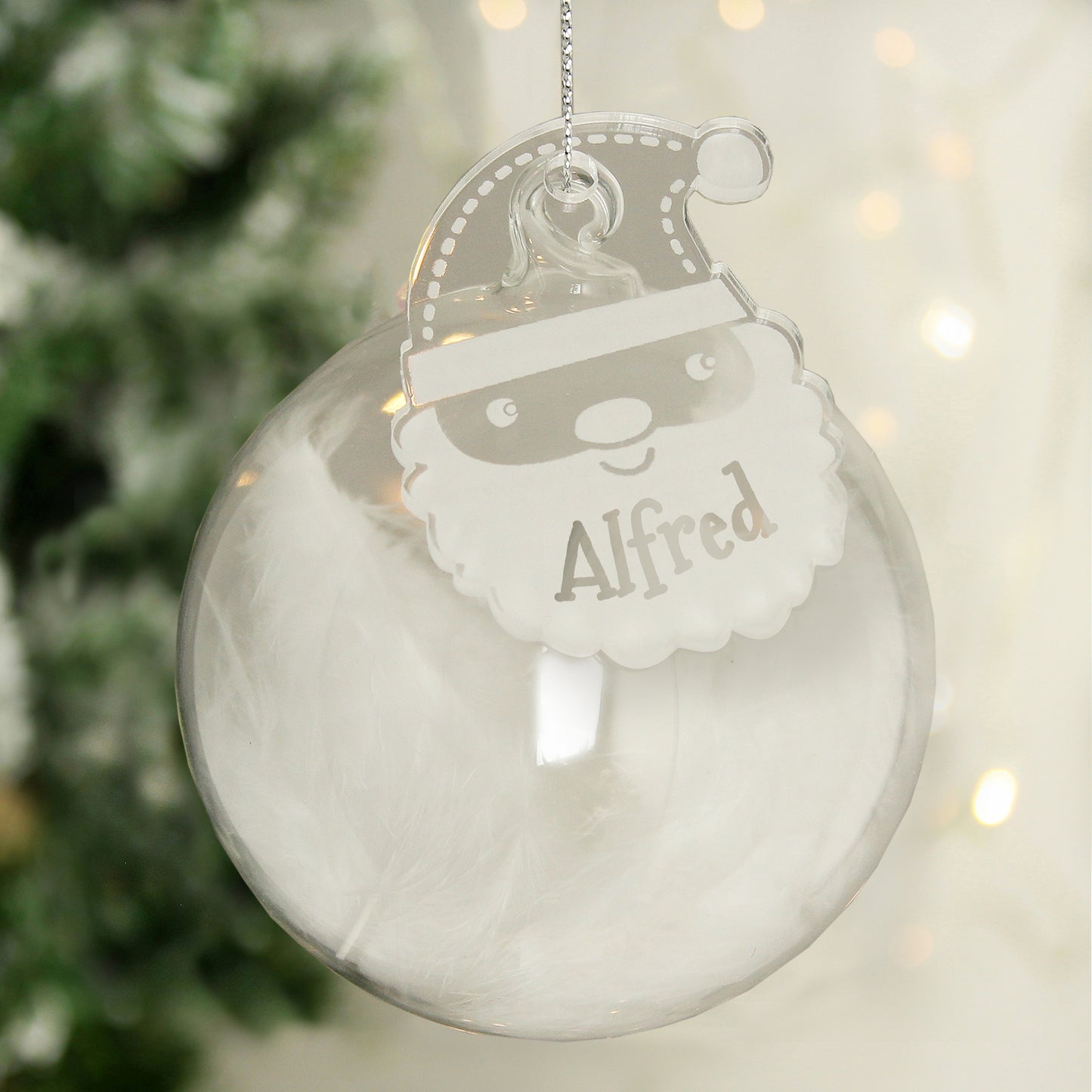 Personalised White Santa Feather Glass Bauble