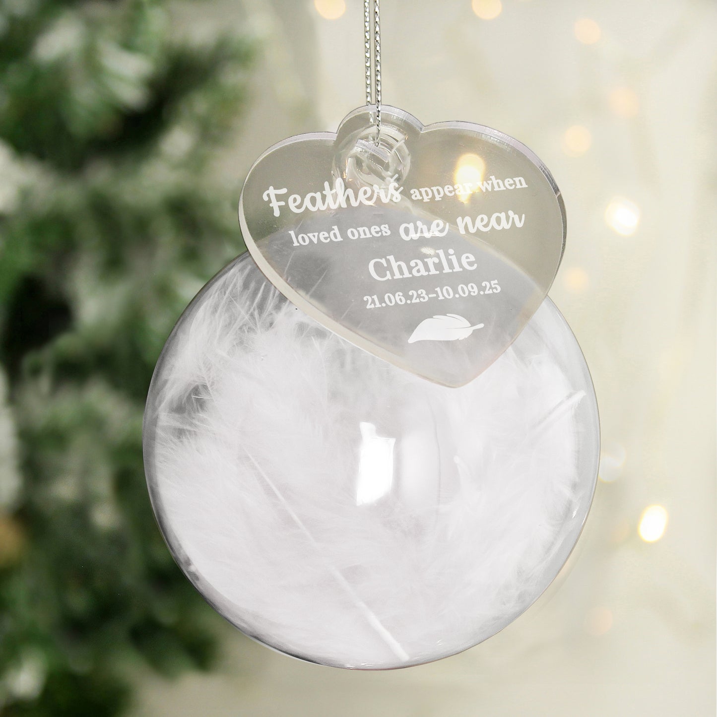 Personalised White Memorial Feather Bauble