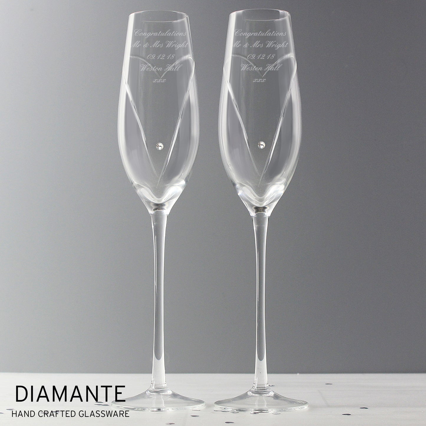 Personalised Hand Cut Heart Pair of Flutes with Gift Box