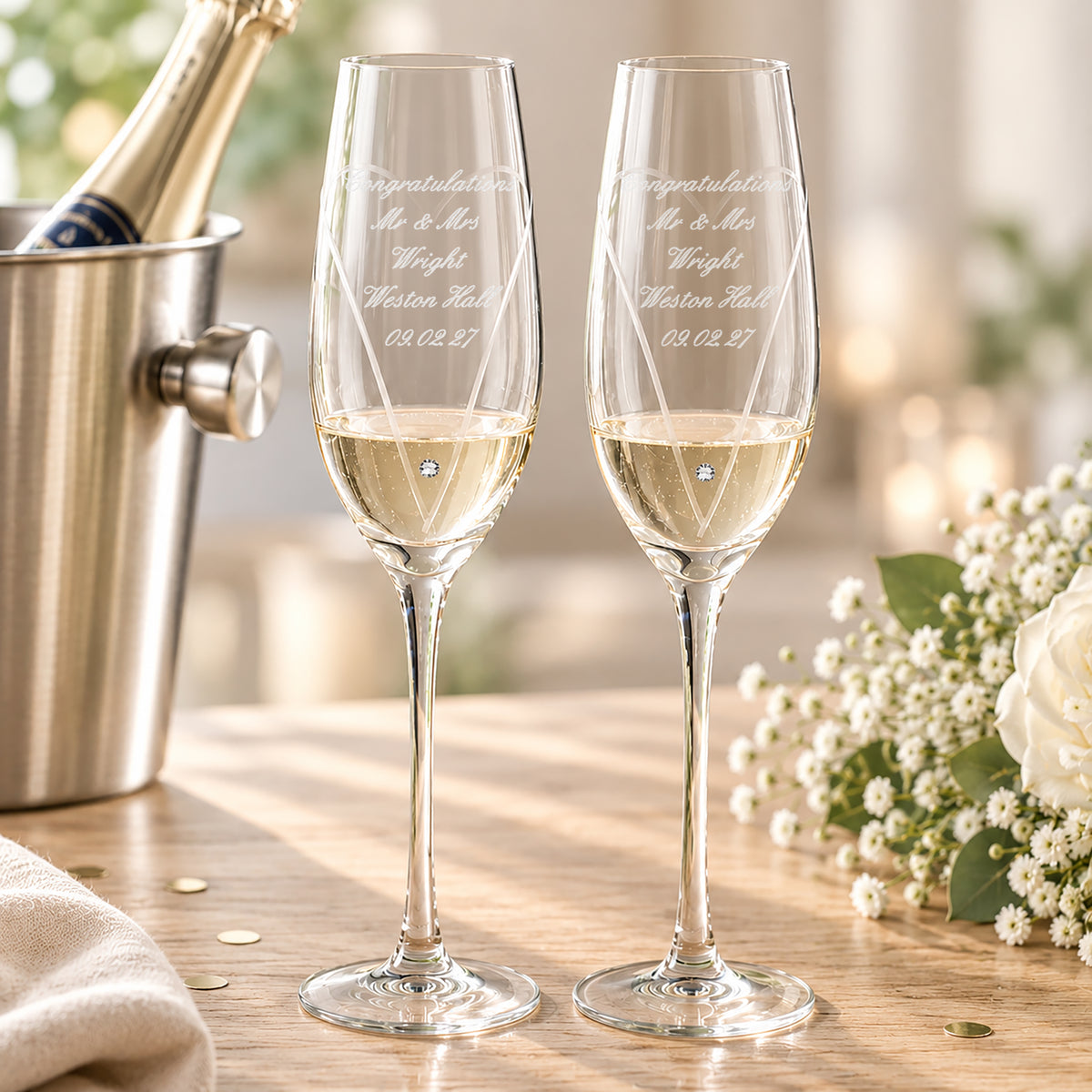 Personalised Hand Cut Heart Pair of Flutes with Gift Box