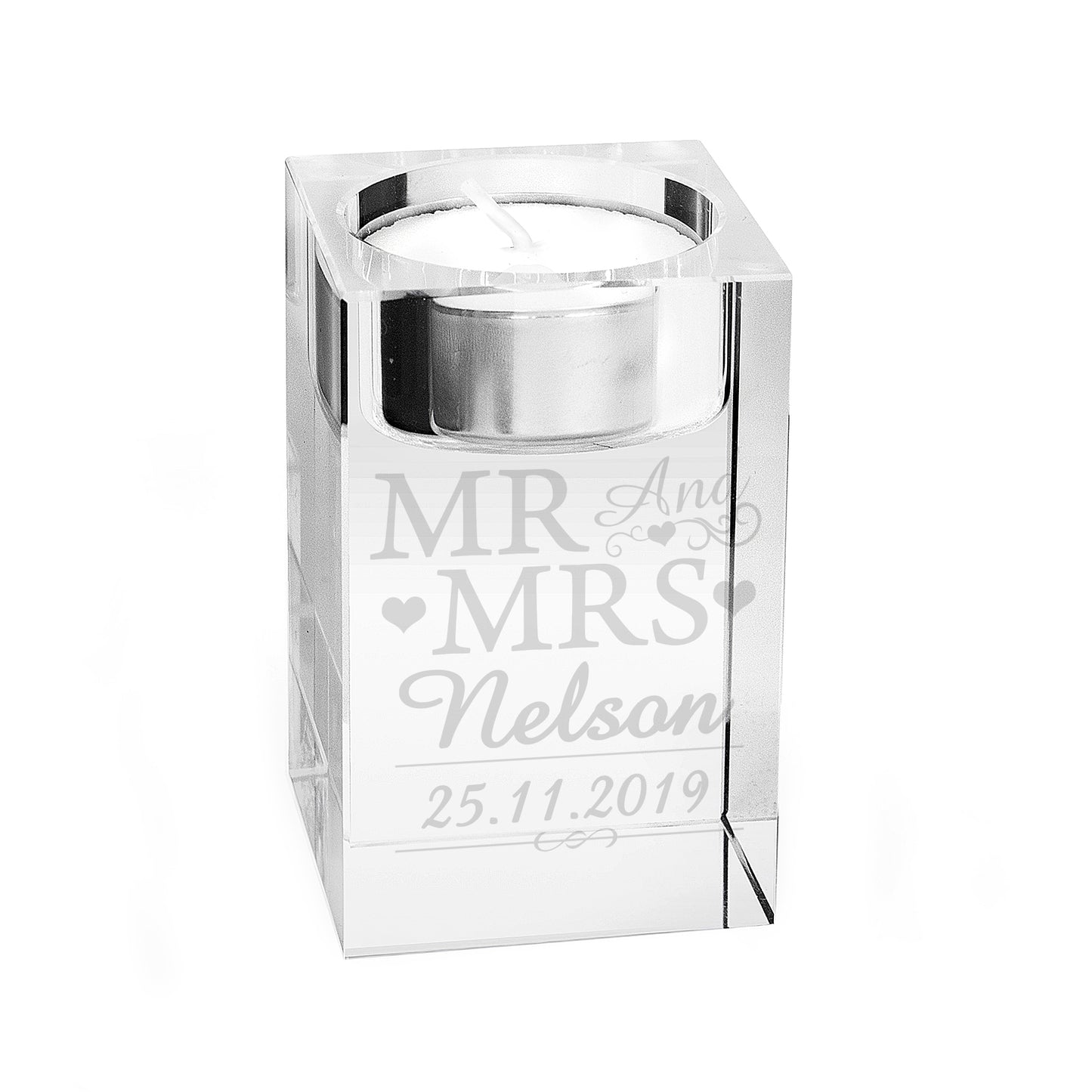 Personalised Mr & Mrs Glass Tea Light Candle Holder