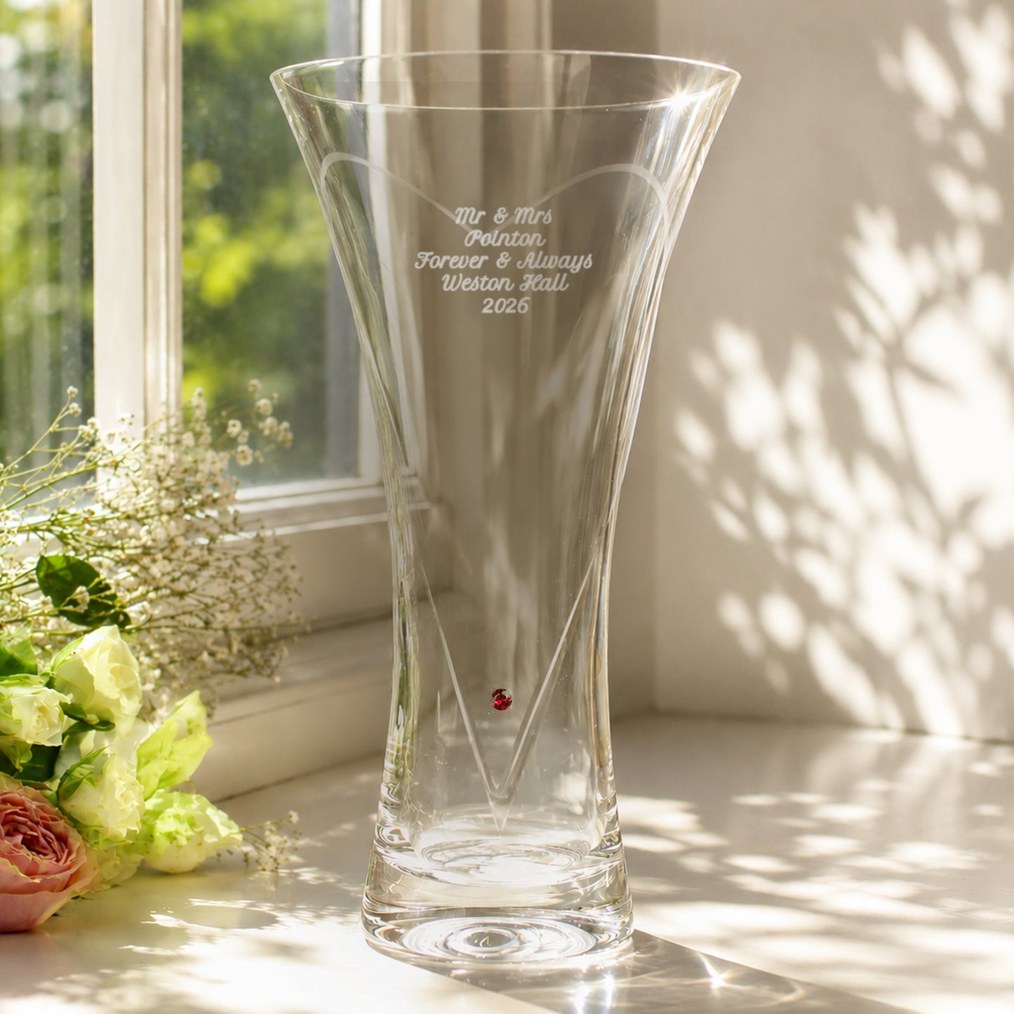 Personalised Large Hand Cut Ruby Diamond Effect Heart Vase