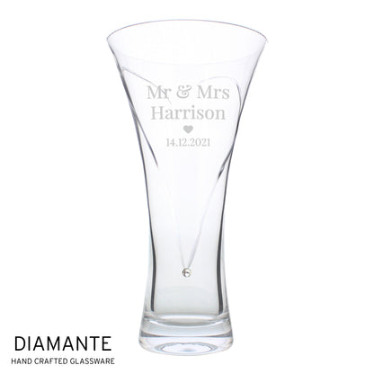 Personalised Mr & Mrs Large Hand Cut Diamante Heart Vase