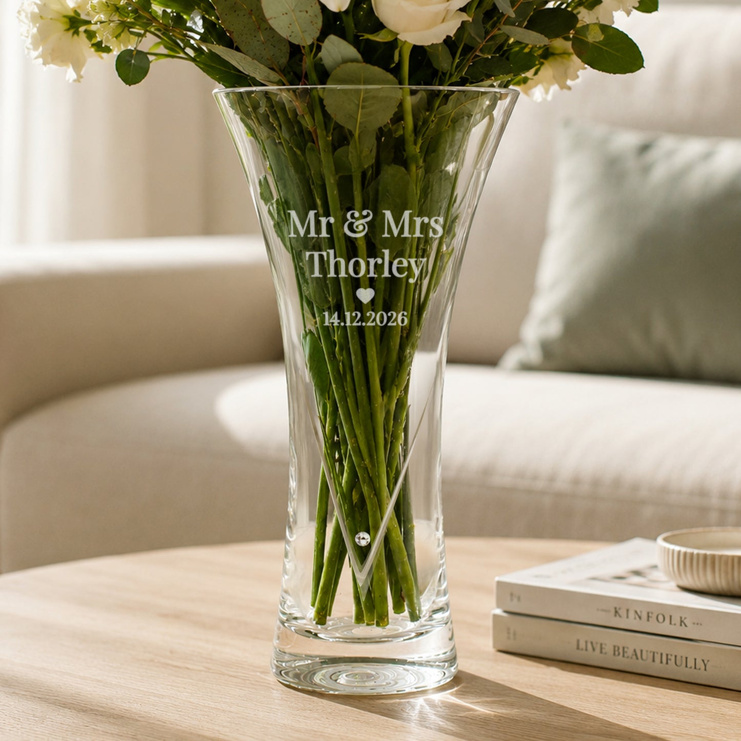Personalised Mr & Mrs Large Hand Cut Diamond Effect Heart Vase