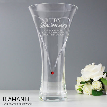 Personalised Ruby Anniversary Hand Cut Diamante Heart Vase